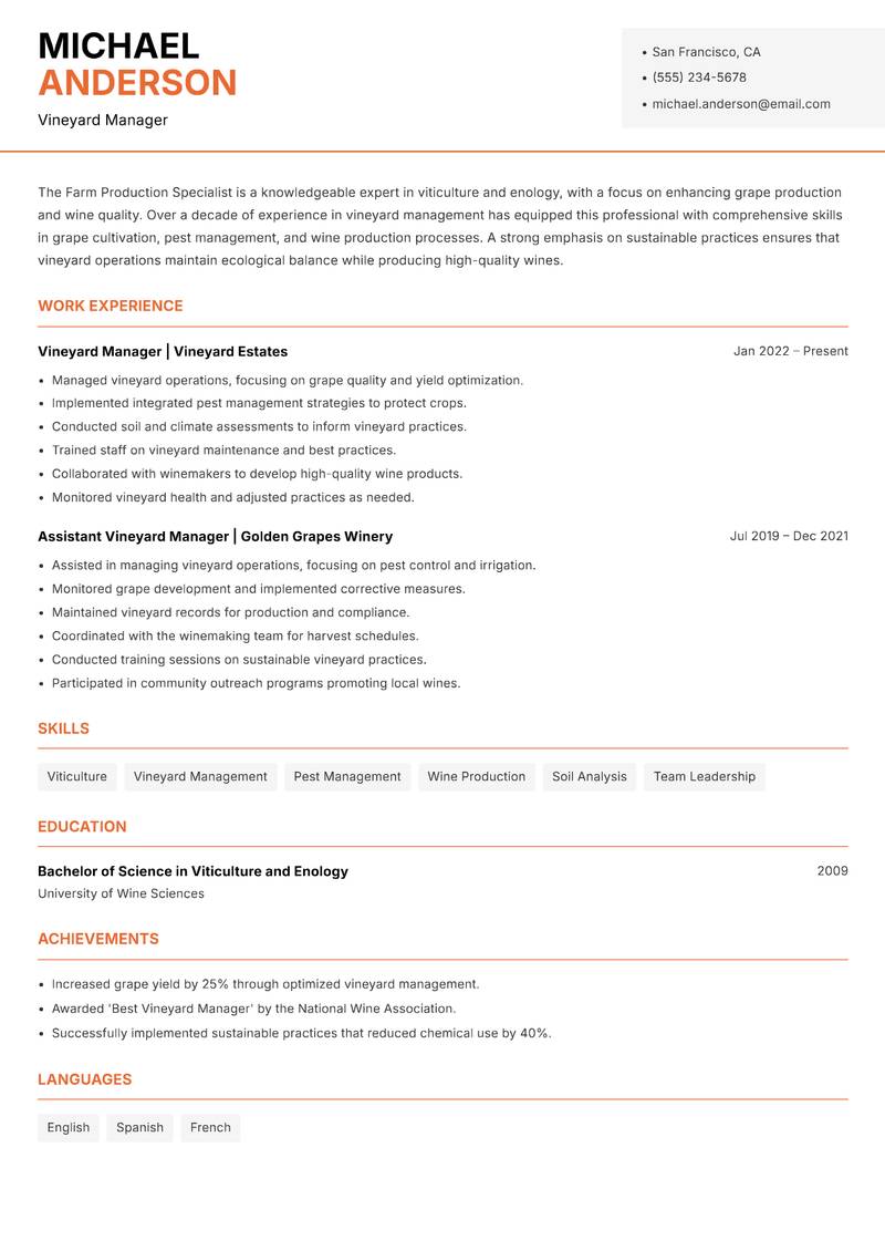 Farm Production Specialist Resume Template