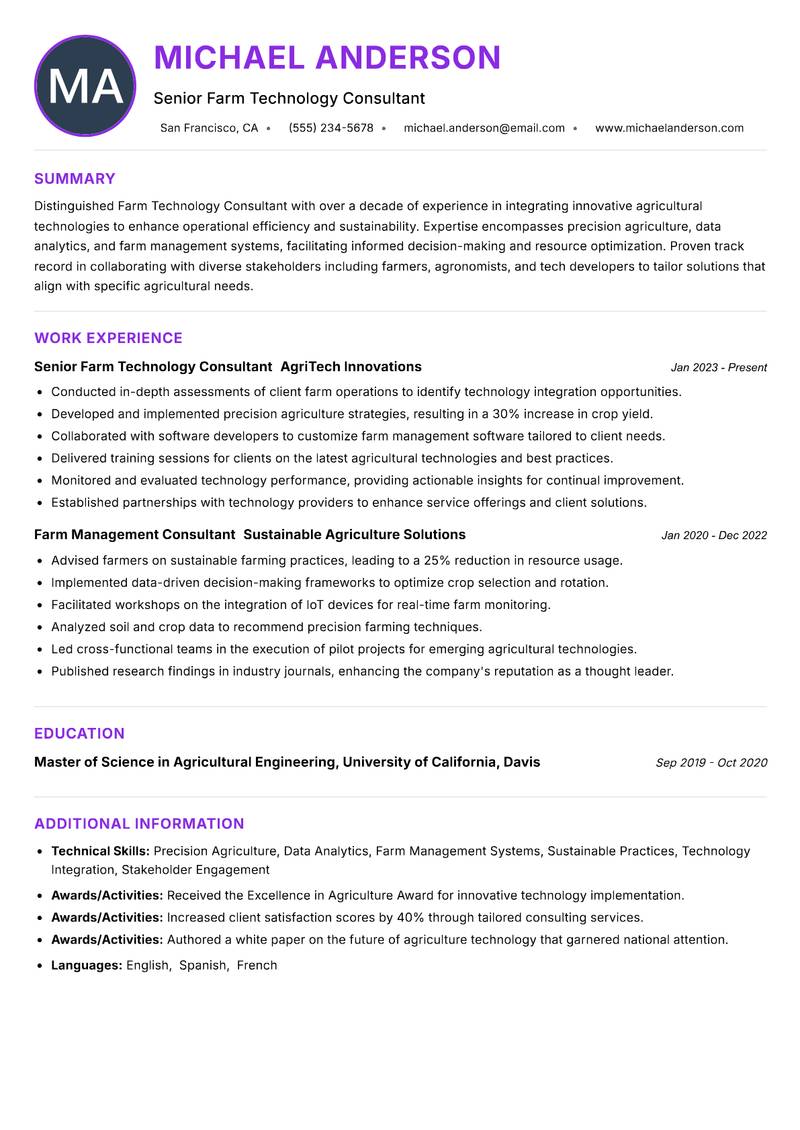 Farm Technology Consultant Resume Preview Example