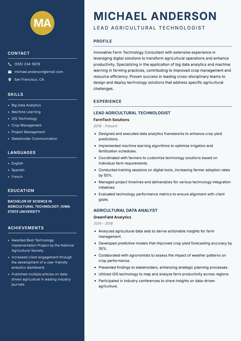 Farm Technology Consultant Resume Preview Example