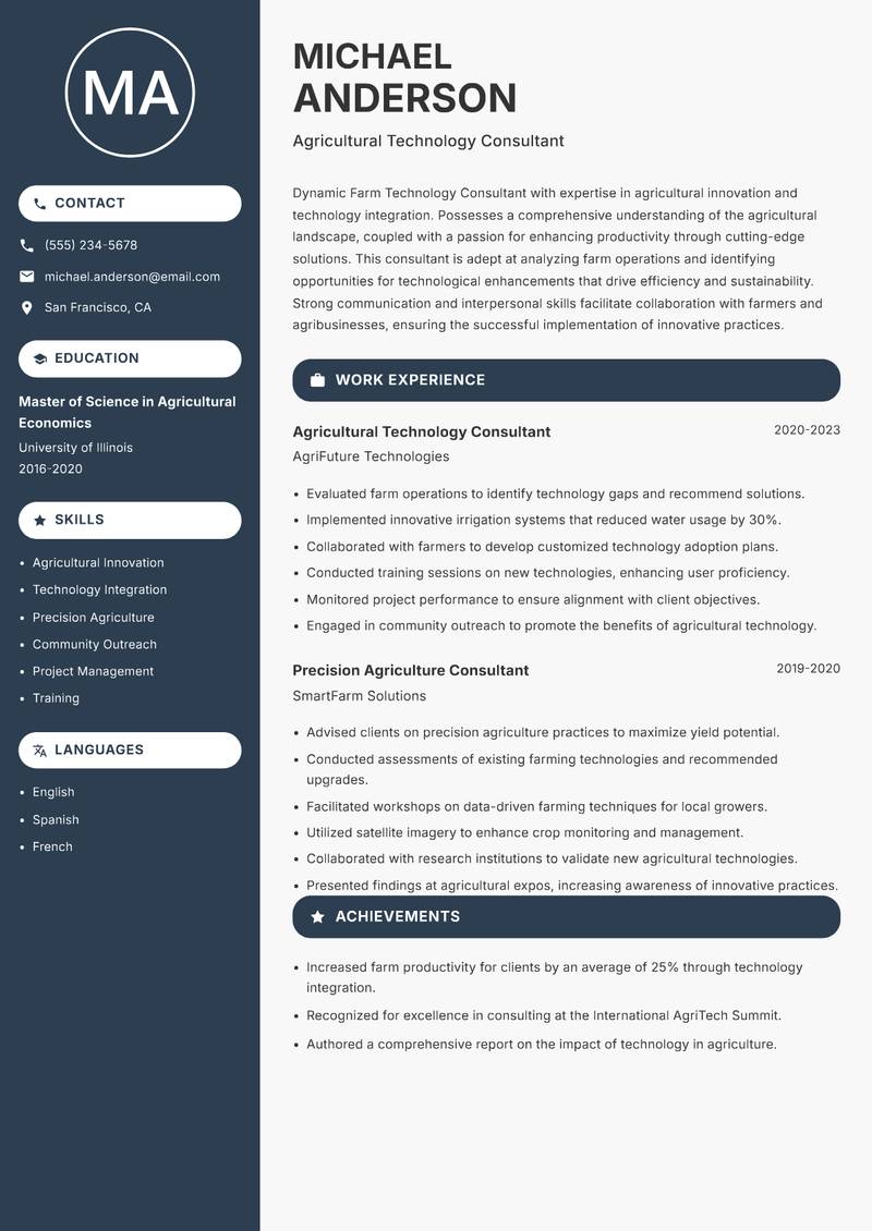 Farm Technology Consultant Resume Preview Example