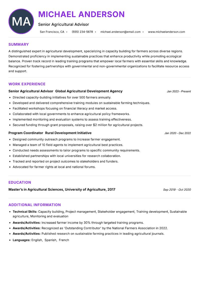 Farmer Capacity Building Specialist Resume Preview Example