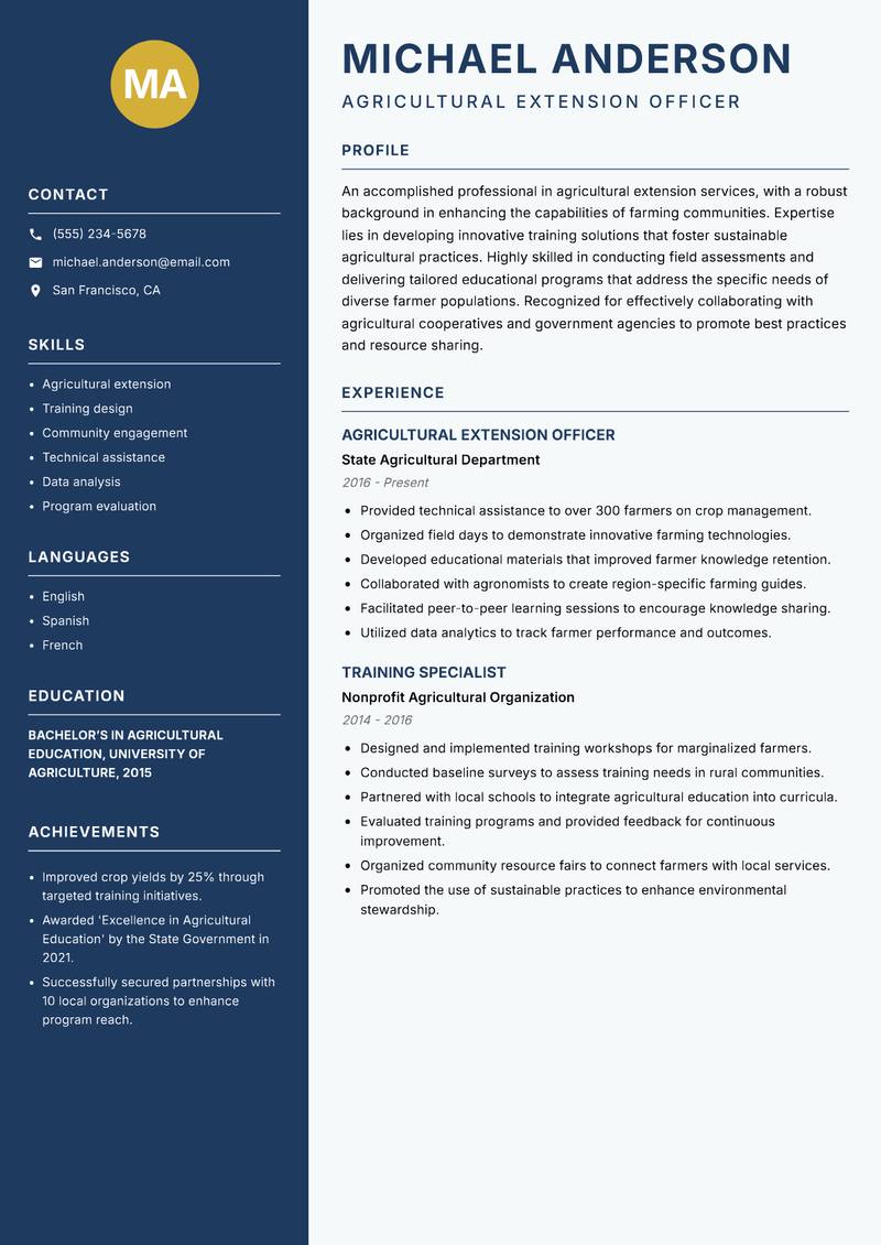 Farmer Capacity Building Specialist Resume Preview Example
