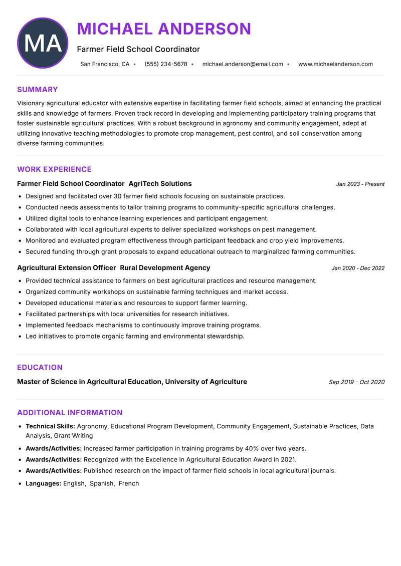 Farmer Field School Facilitator Resume Preview Example