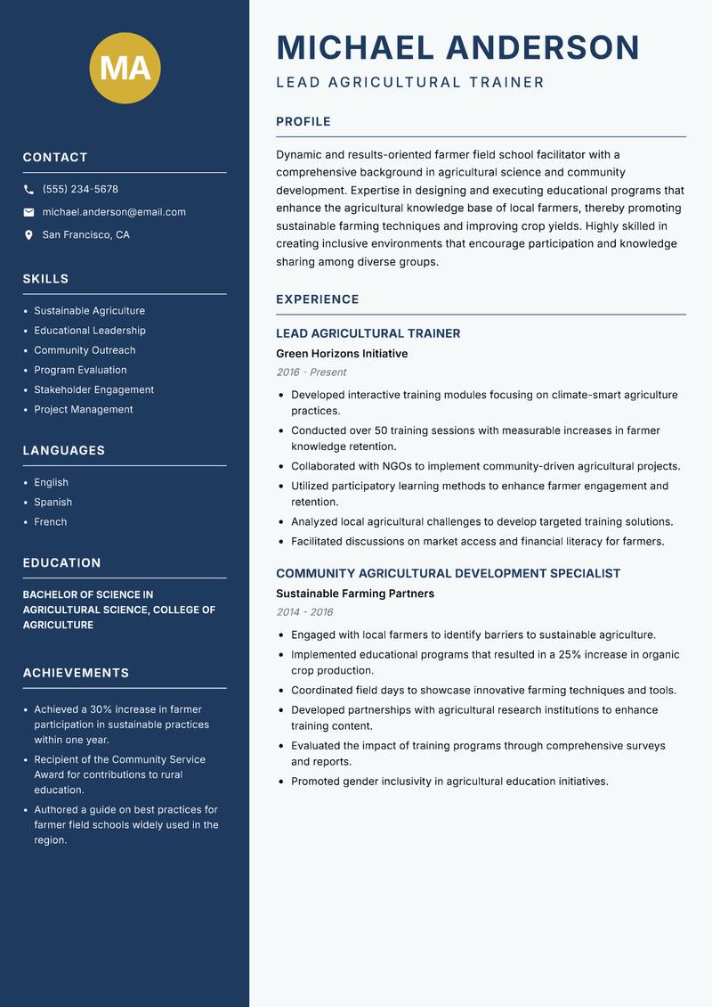 Farmer Field School Facilitator Resume Preview Example