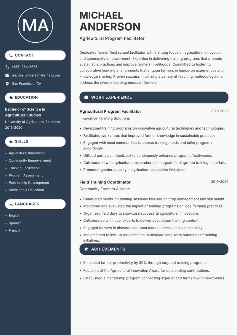 Farmer Field School Facilitator Resume Preview Example