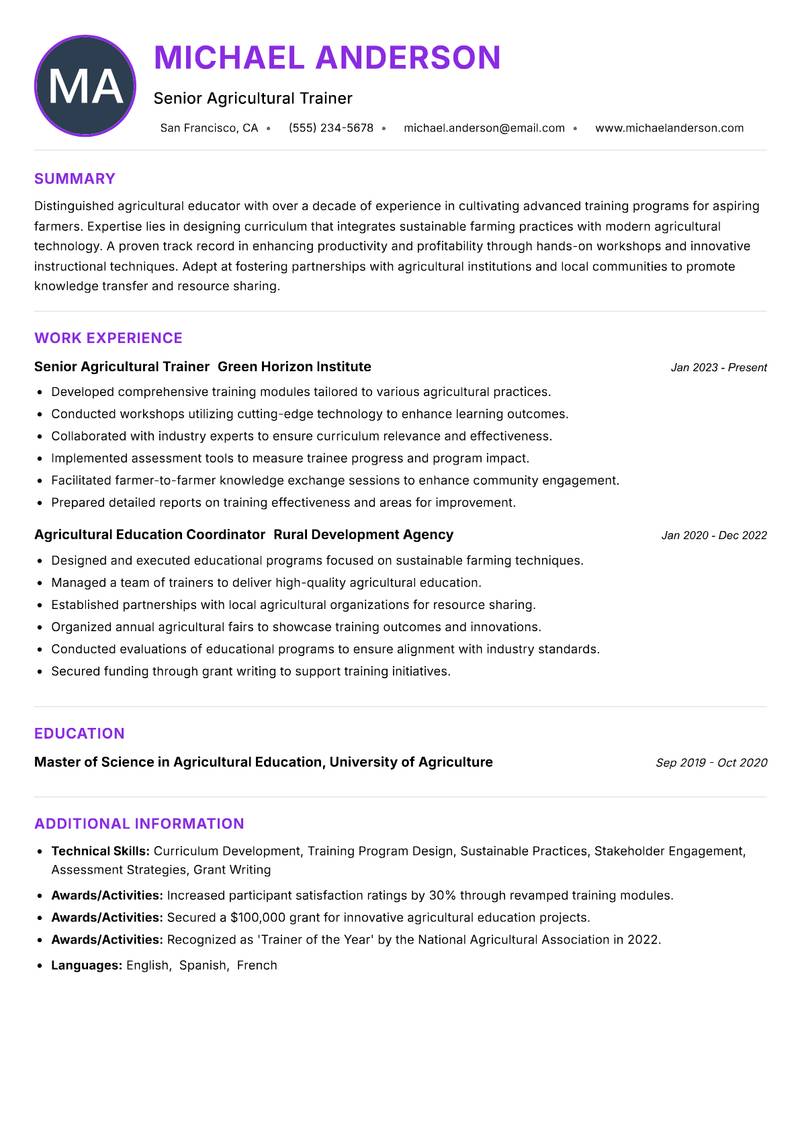 Farmer Training Specialist Resume Preview Example