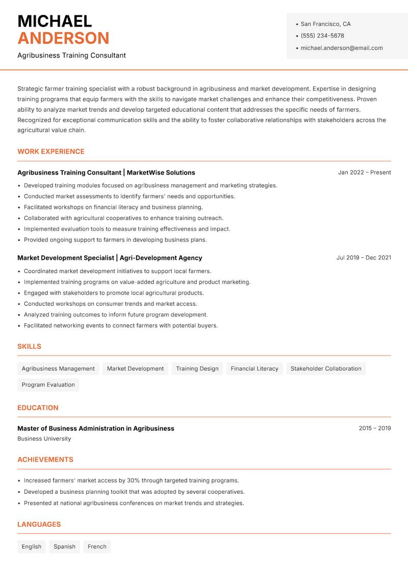 Farmer Training Specialist Resume Template