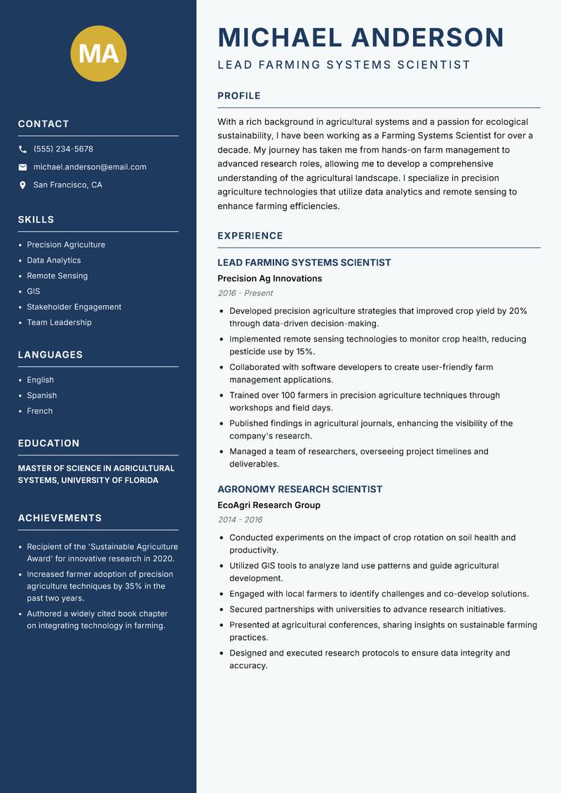 Farming Systems Scientist Resume Preview Example