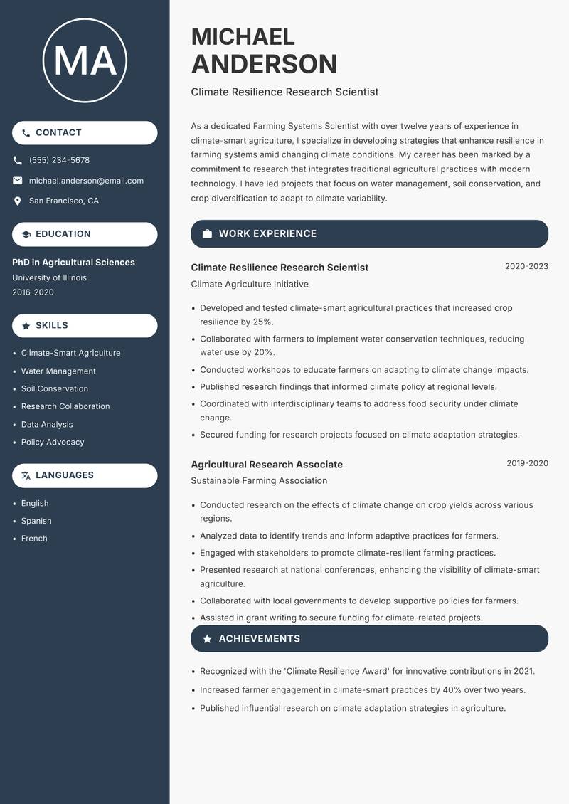 Farming Systems Scientist Resume Preview Example