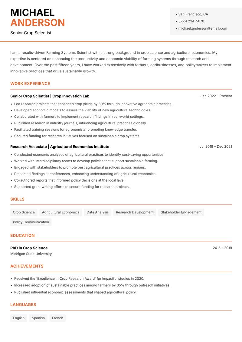 Farming Systems Scientist Resume Template
