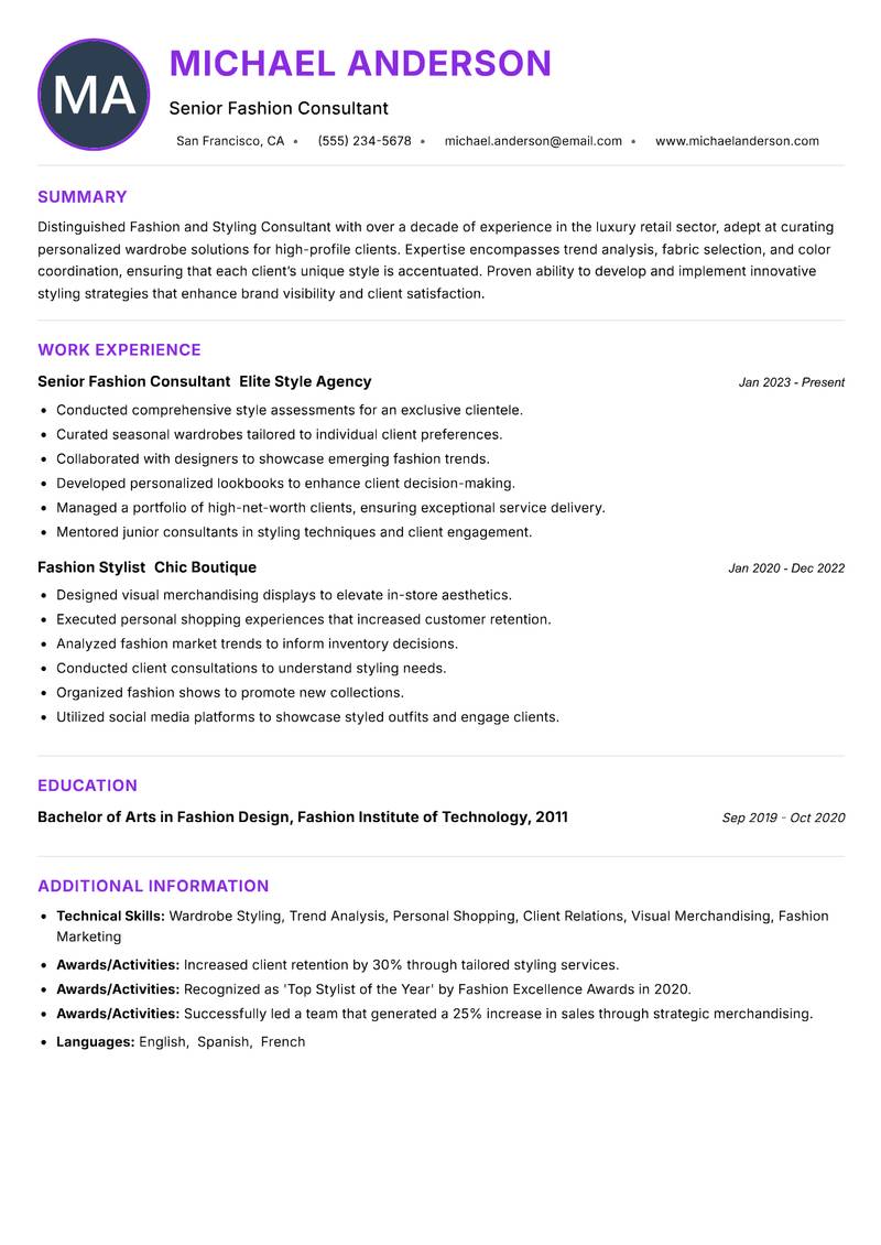 Fashion and Styling Consultant Resume Preview Example