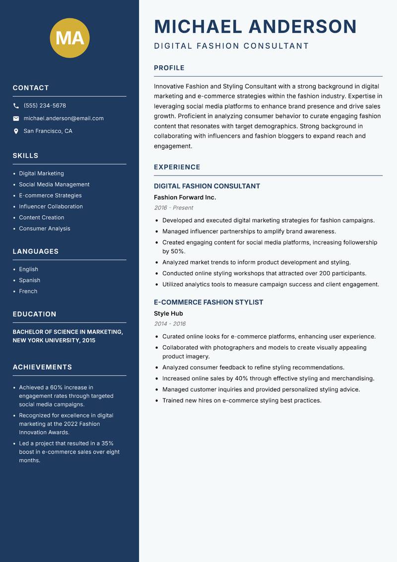 Fashion and Styling Consultant Resume Preview Example