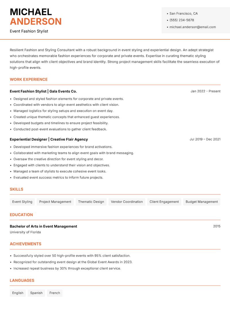 Fashion and Styling Consultant Resume Template