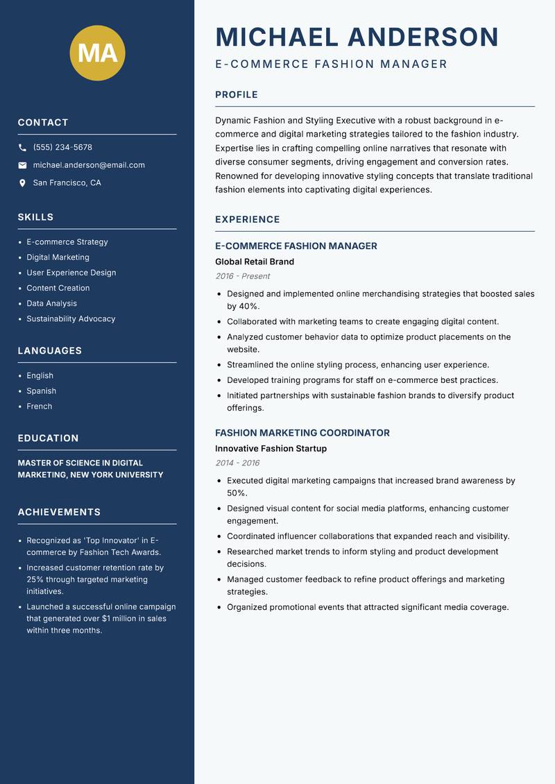 Fashion and Styling Executive Resume Preview Example