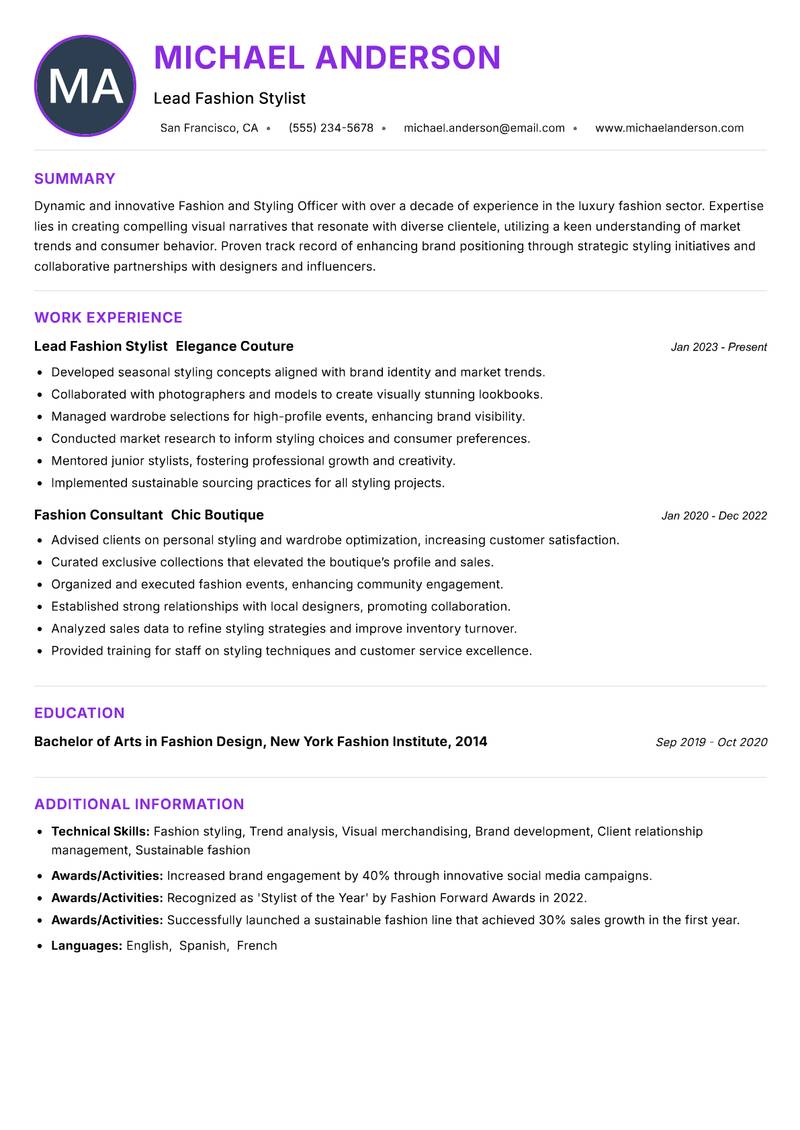 Fashion and Styling Officer Resume Preview Example