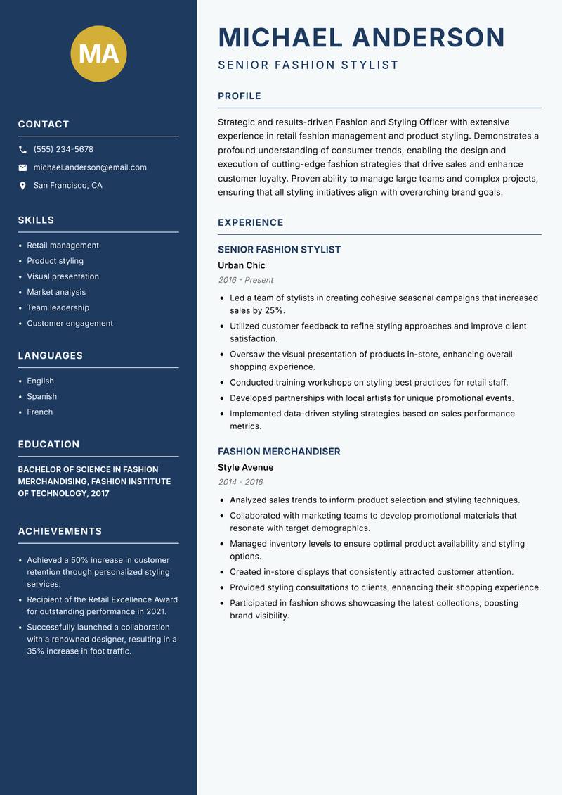 Fashion and Styling Officer Resume Preview Example