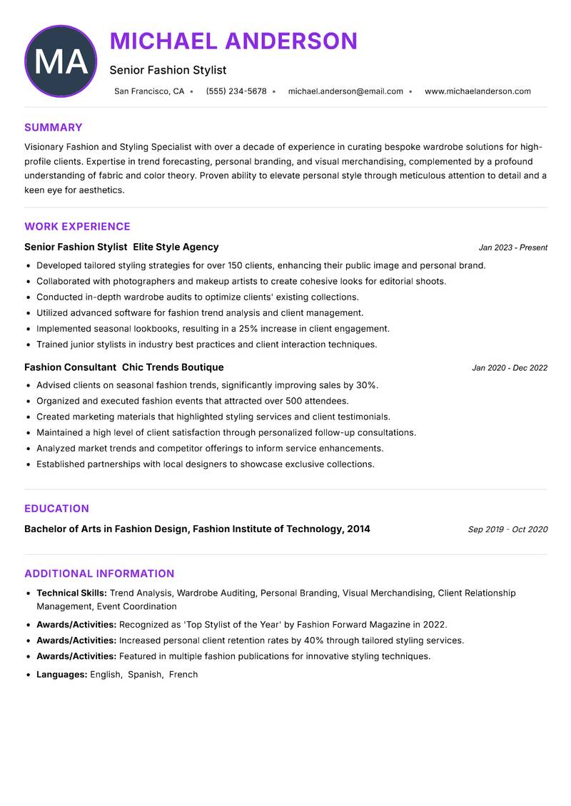 Fashion and Styling Specialist Resume Preview Example