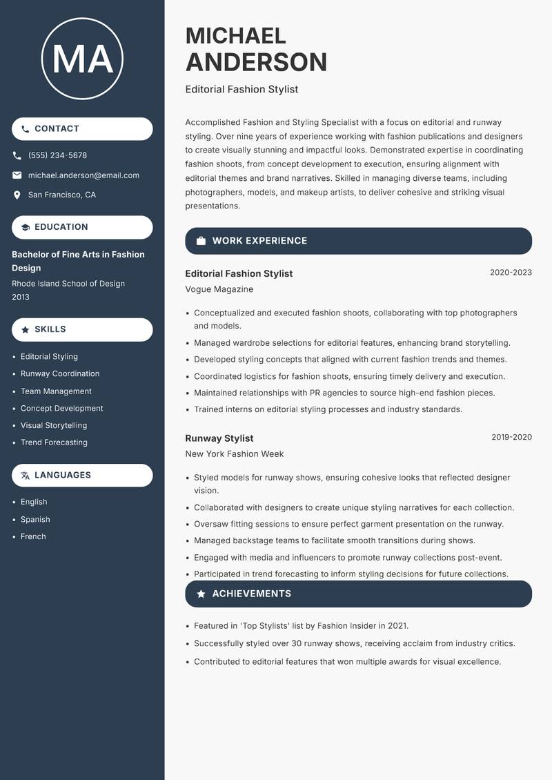 Fashion and Styling Specialist Resume Preview Example