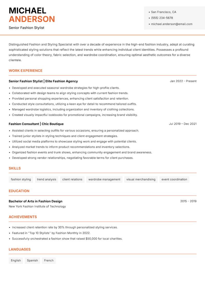 Fashion and Styling Specialist Resume Template