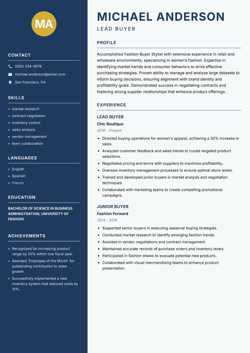 Fashion Buyer Stylist Resume Preview Example