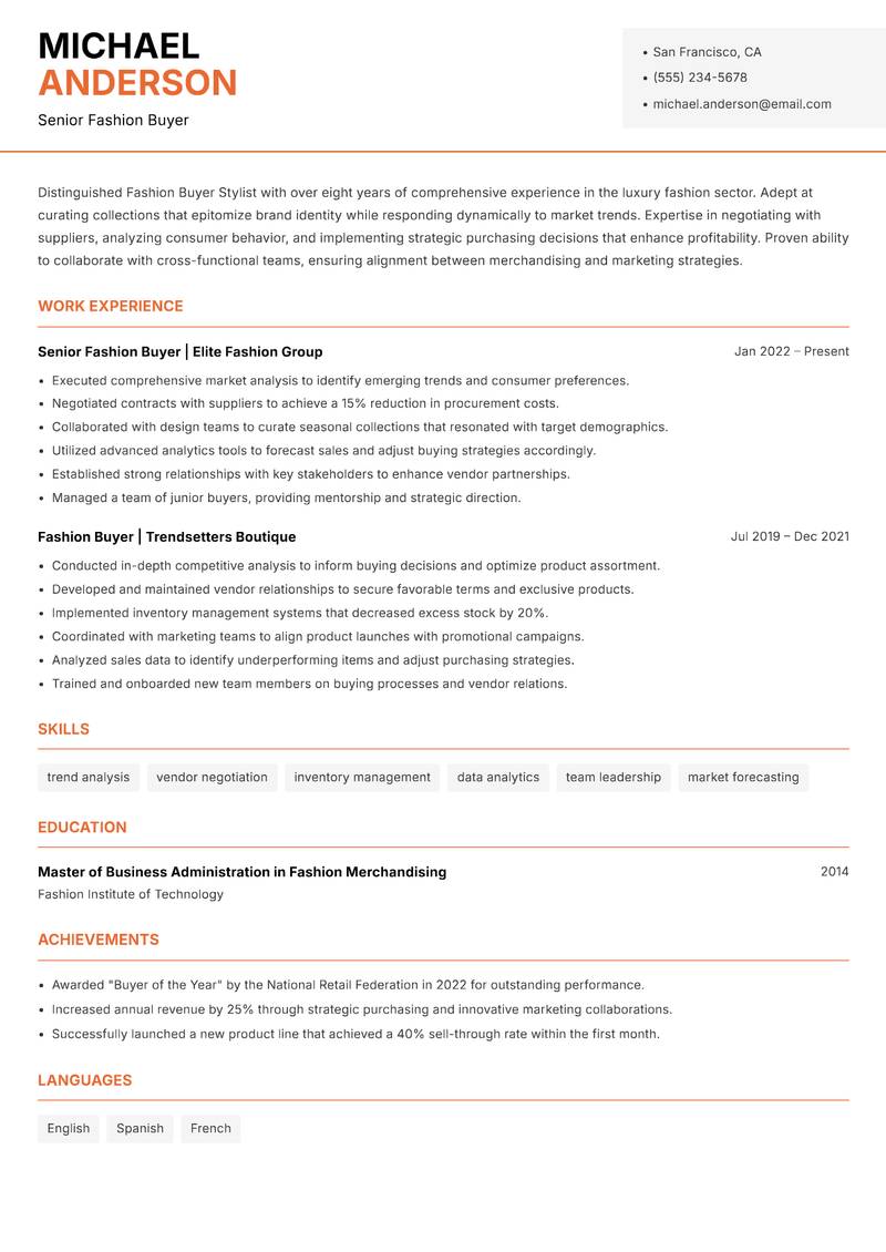 Fashion Buyer Stylist Resume Template