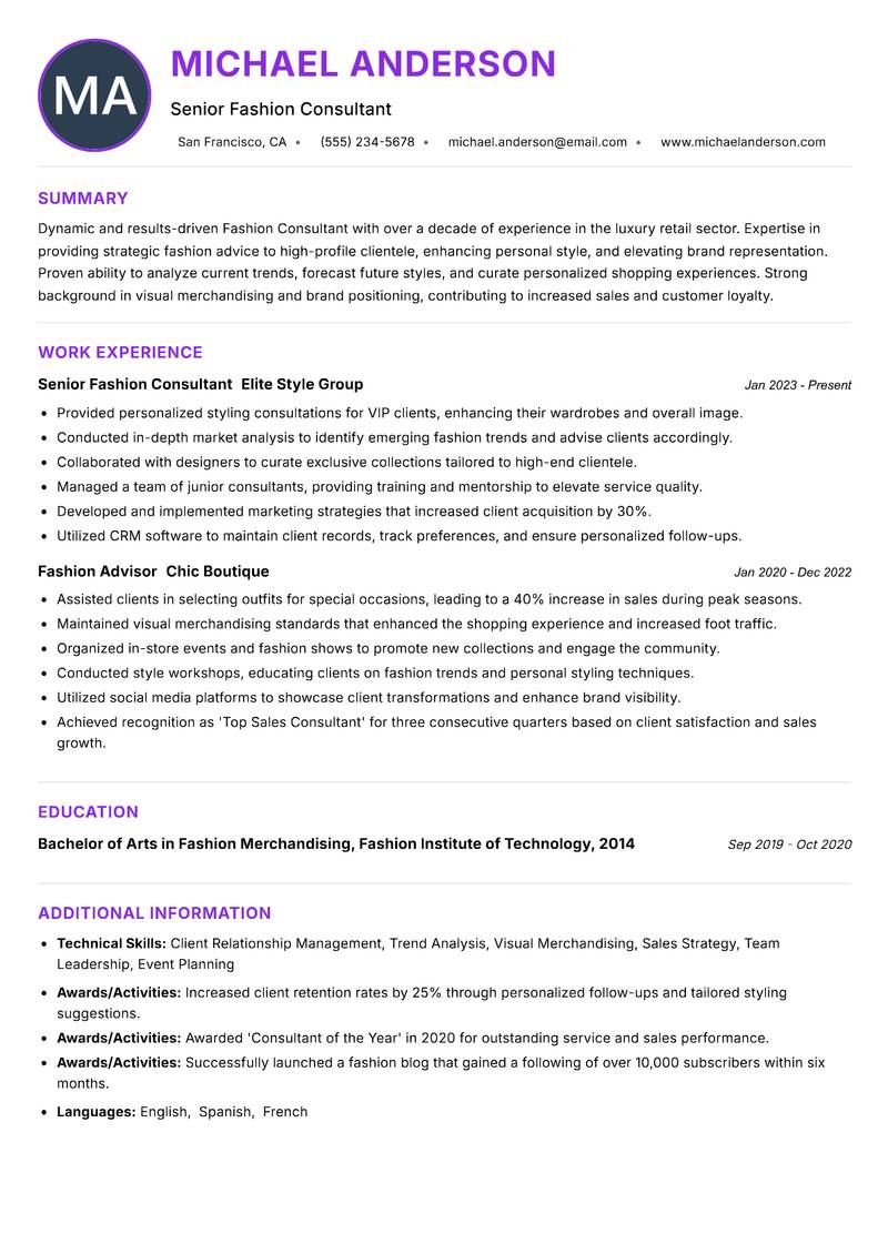 Fashion Consultant Resume Preview Example
