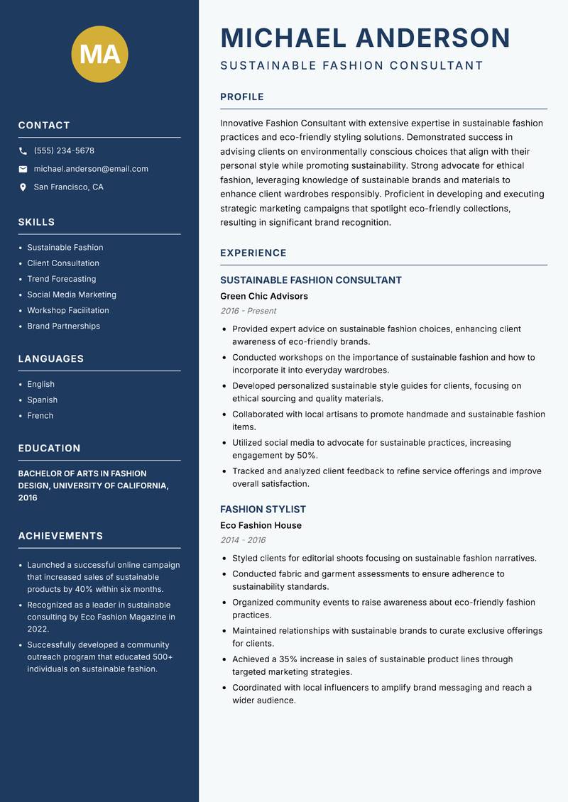 Fashion Consultant Resume Preview Example