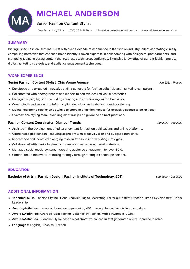 Fashion Content Stylist Resume Preview Example