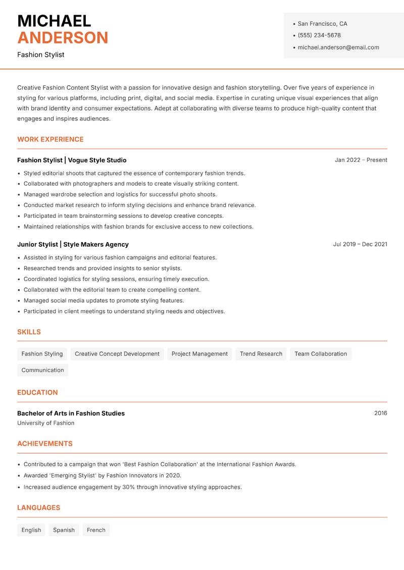Fashion Content Stylist Resume Template