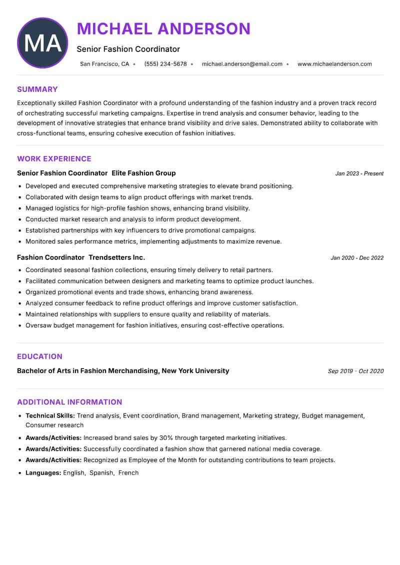 Fashion Coordinator Resume Preview Example