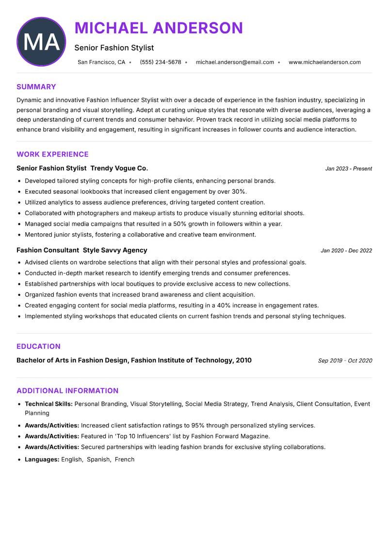 Fashion Influencer Stylist Resume Preview Example