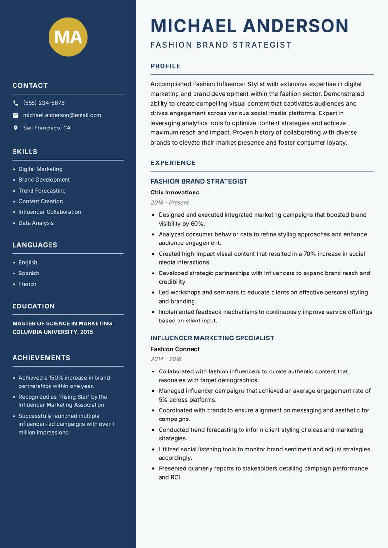 Fashion Influencer Stylist Resume Preview Example