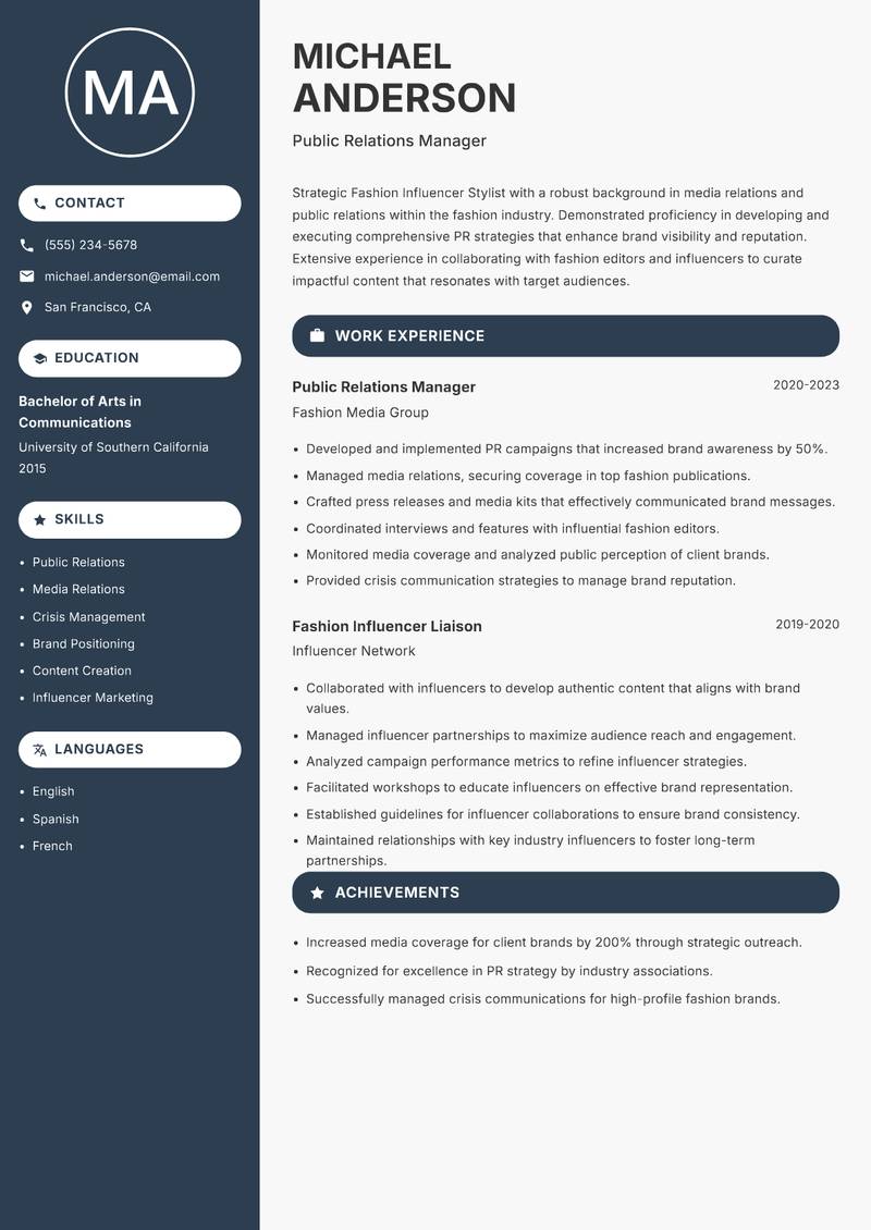 Fashion Influencer Stylist Resume Preview Example