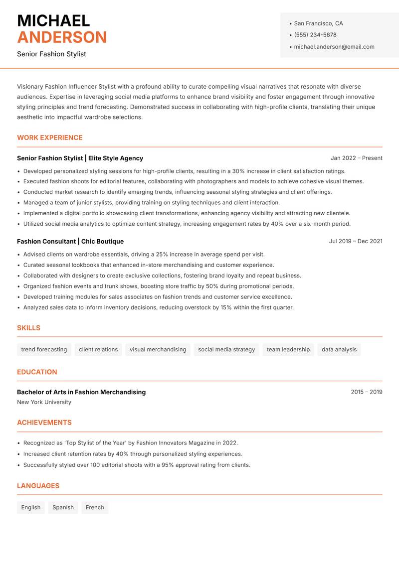 Fashion Influencer Stylist Resume Template