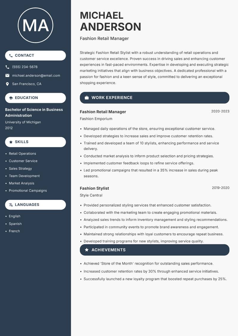 Fashion Retail Stylist Resume Preview Example