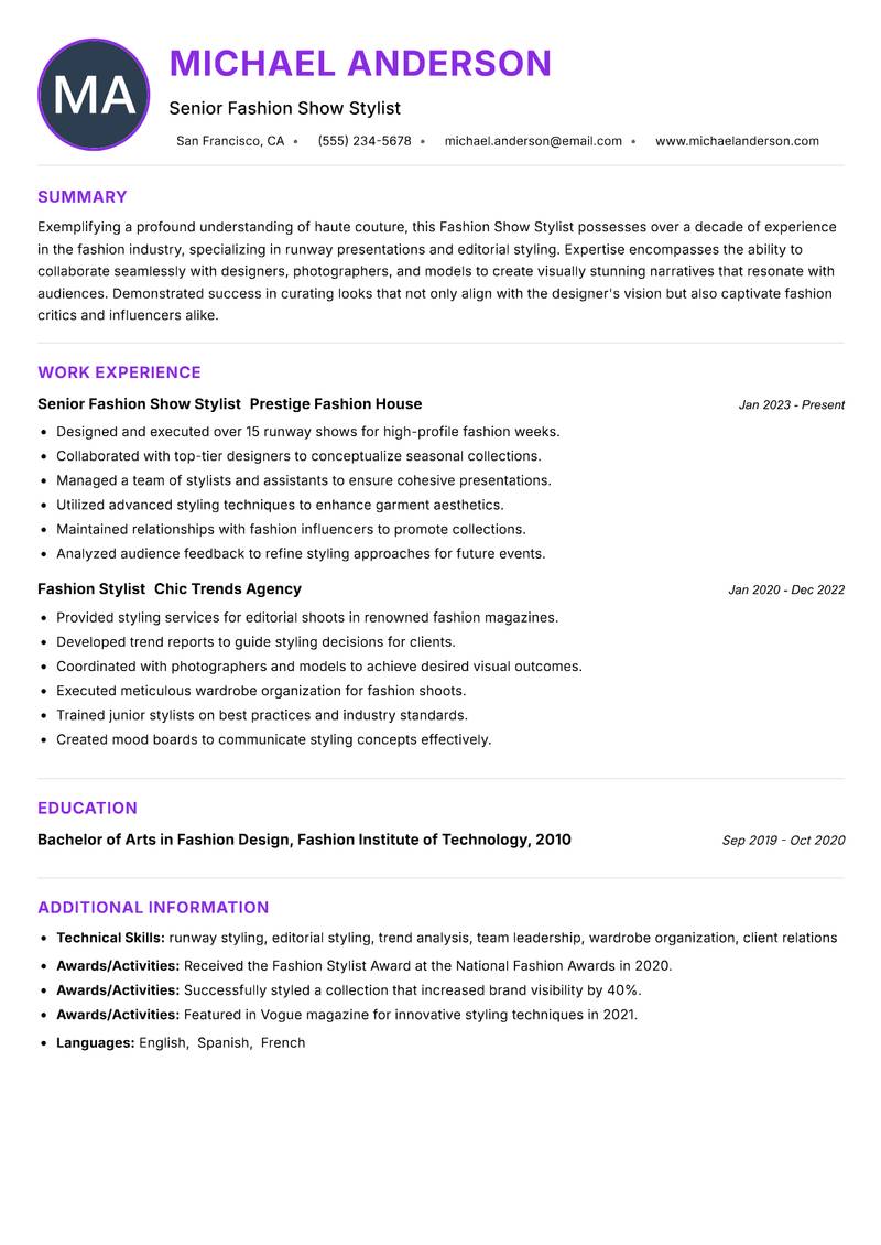 Fashion Show Stylist Resume Preview Example