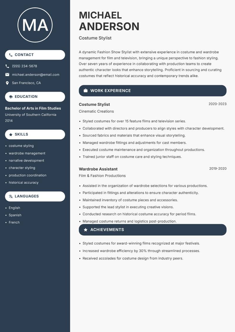 Fashion Show Stylist Resume Preview Example