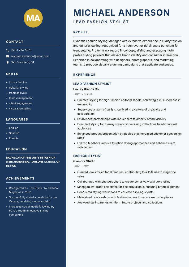 Fashion Styling Manager Resume Preview Example
