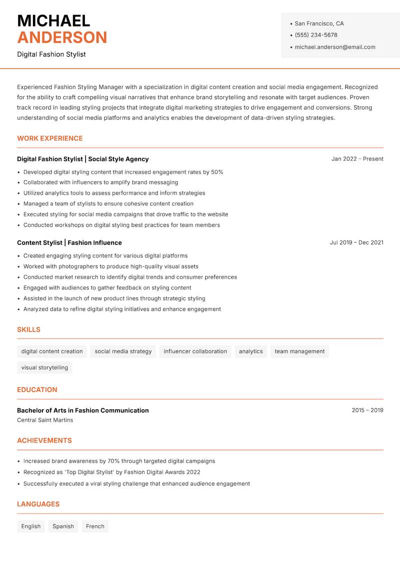Fashion Styling Manager Resume Template