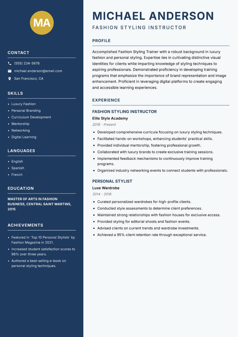 Fashion Styling Trainer Resume Preview Example