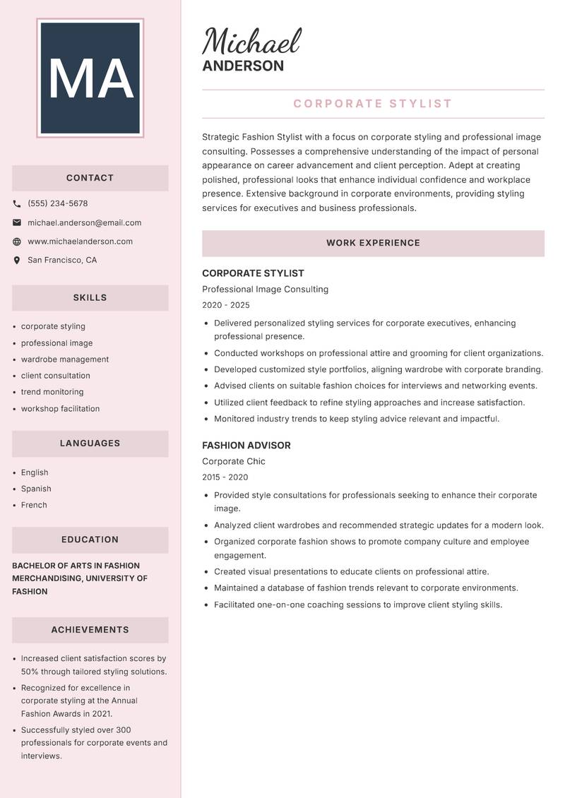Fashion Stylist Resume Preview Example
