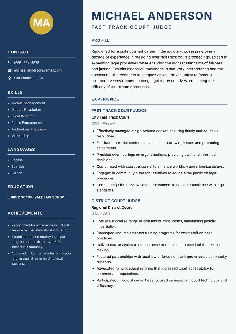 Fast Track Court Judge Resume Preview Example