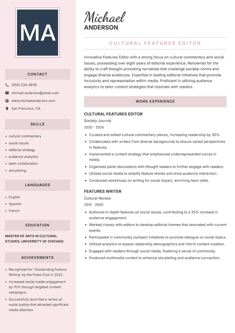 Features Editor Resume Preview Example