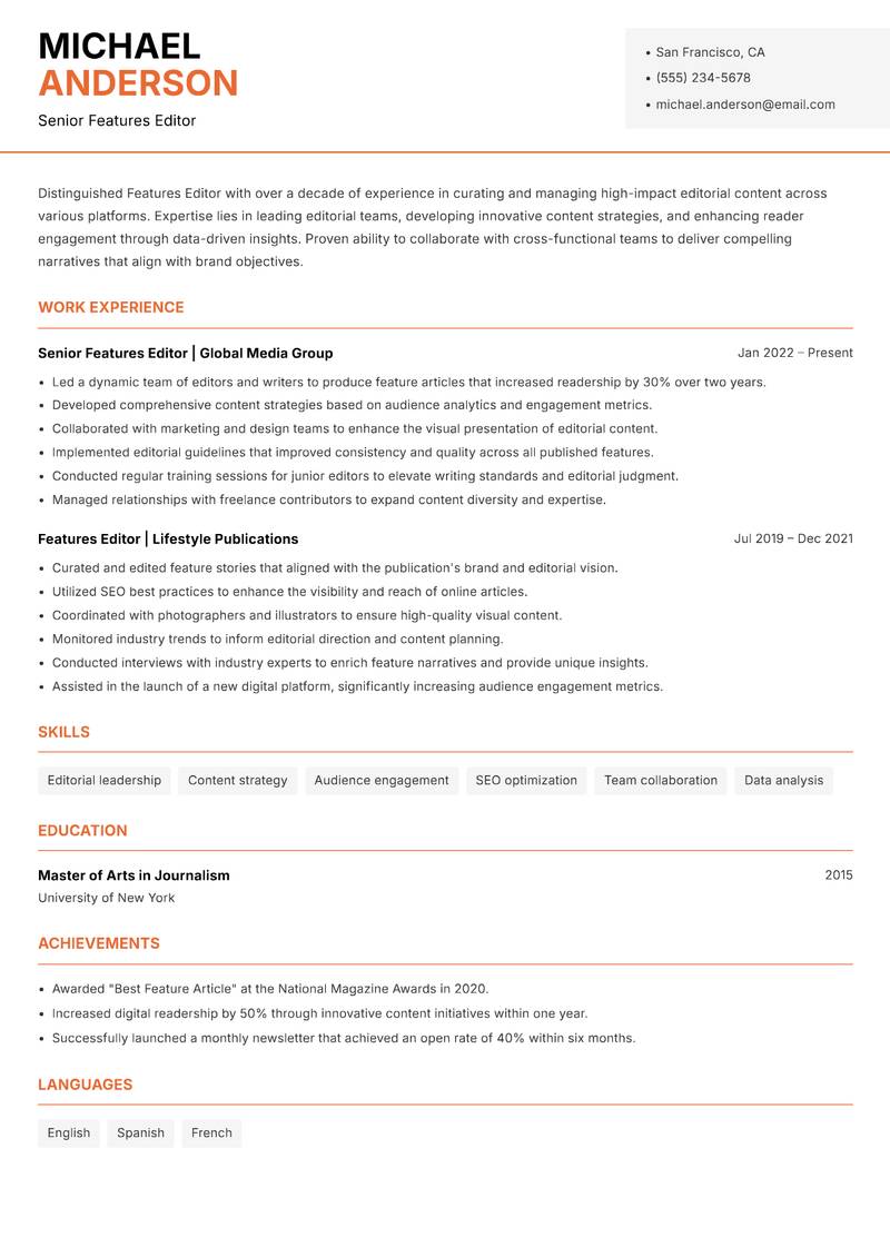 Features Editor Resume Template