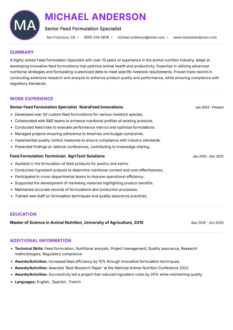 Feed Formulation Specialist Resume Preview Example