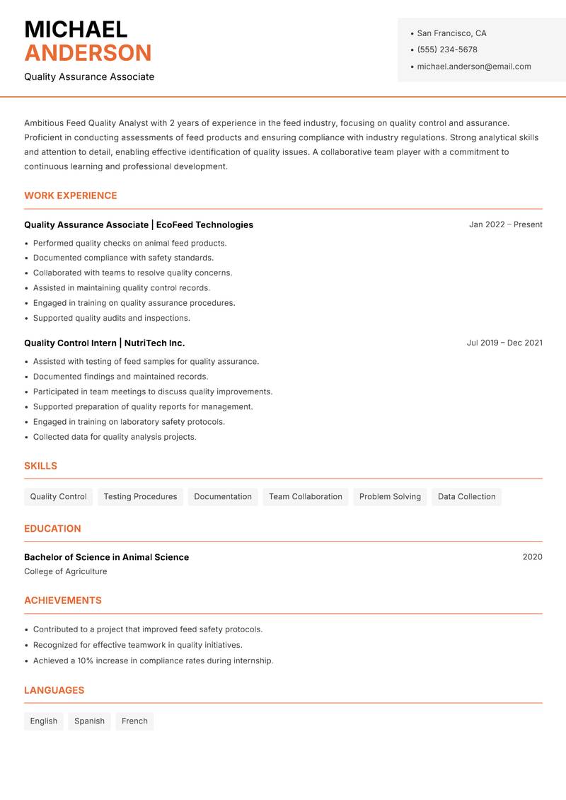 Feed Quality Analyst Resume Template