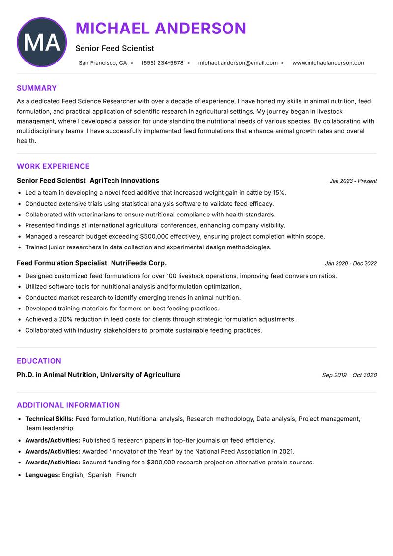 Feed Science Researcher Resume Preview Example