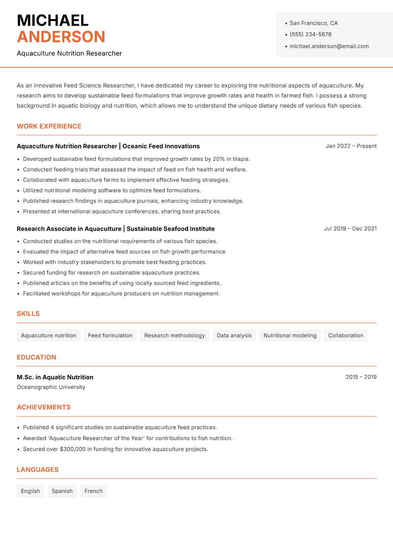 Feed Science Researcher Resume Template
