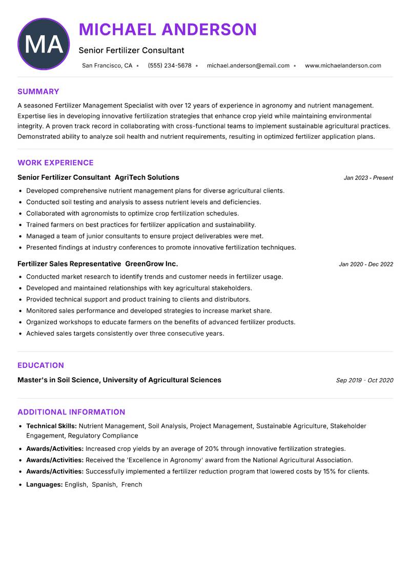 Fertilizer Management Specialist Resume Preview Example