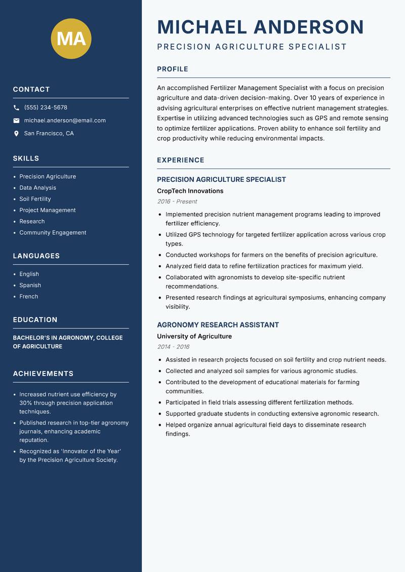Fertilizer Management Specialist Resume Preview Example